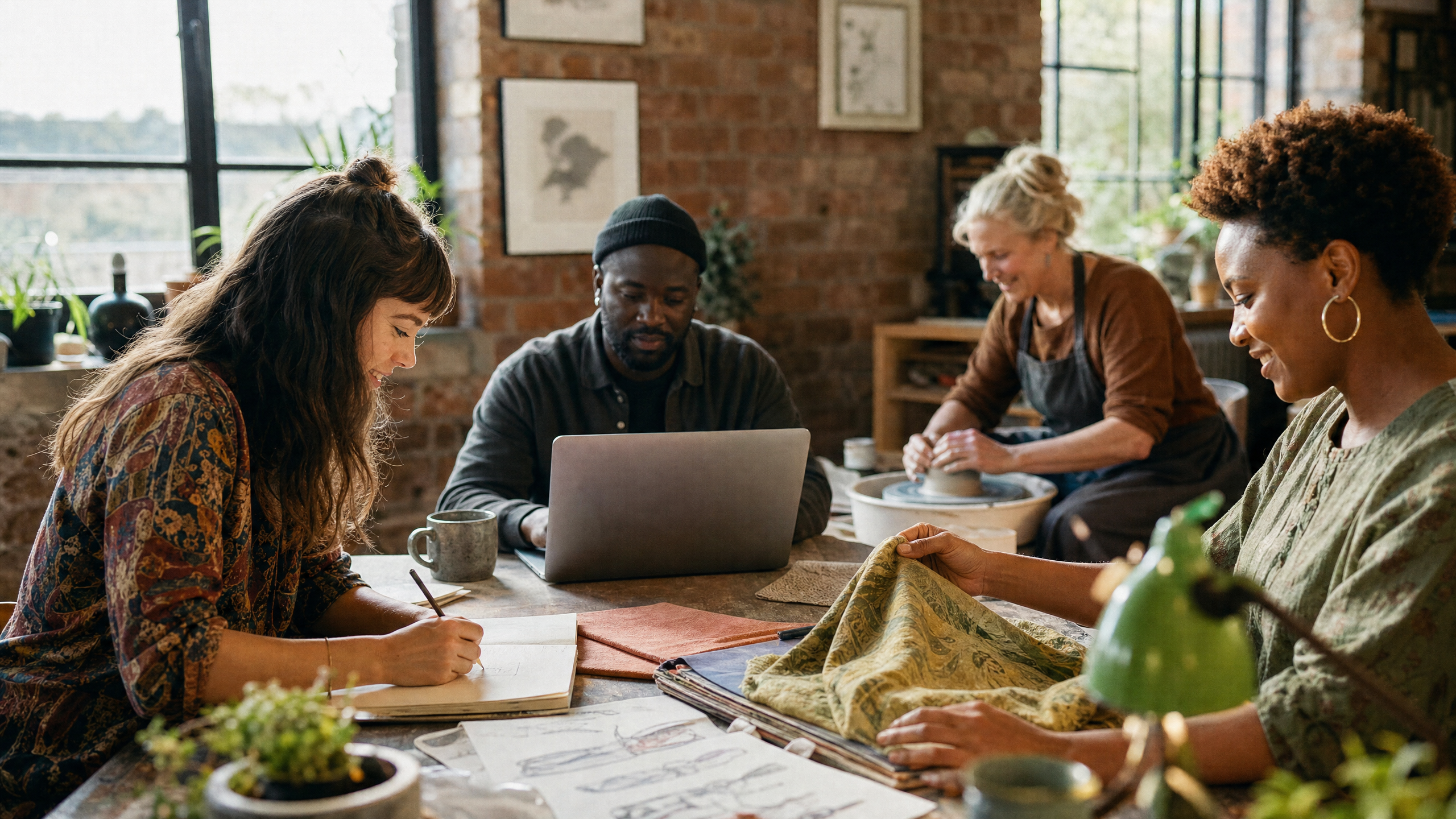 Creatives collaborating in a shared workspace