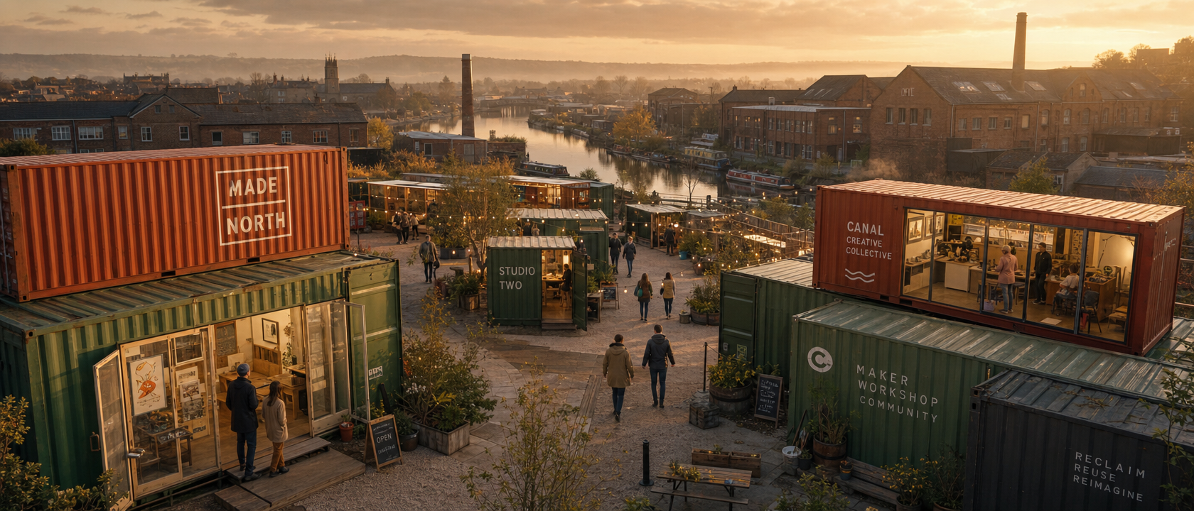 Creative container village with studios, maker workshops, and community spaces