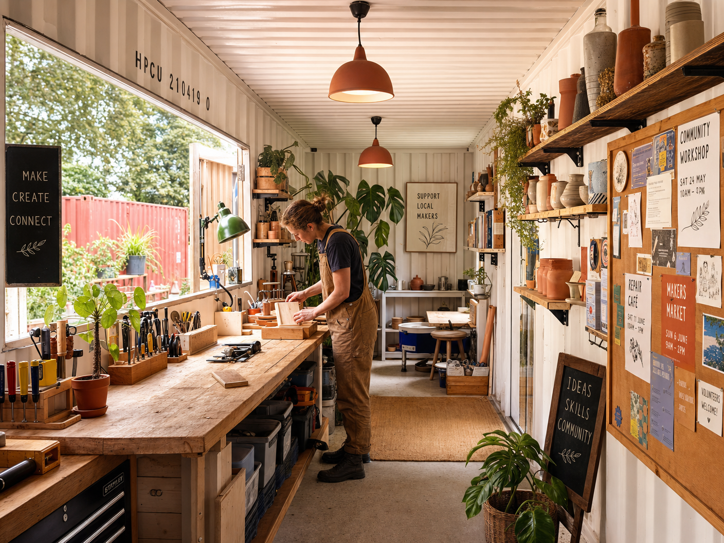 Interior of a creative maker space inside a converted shipping container